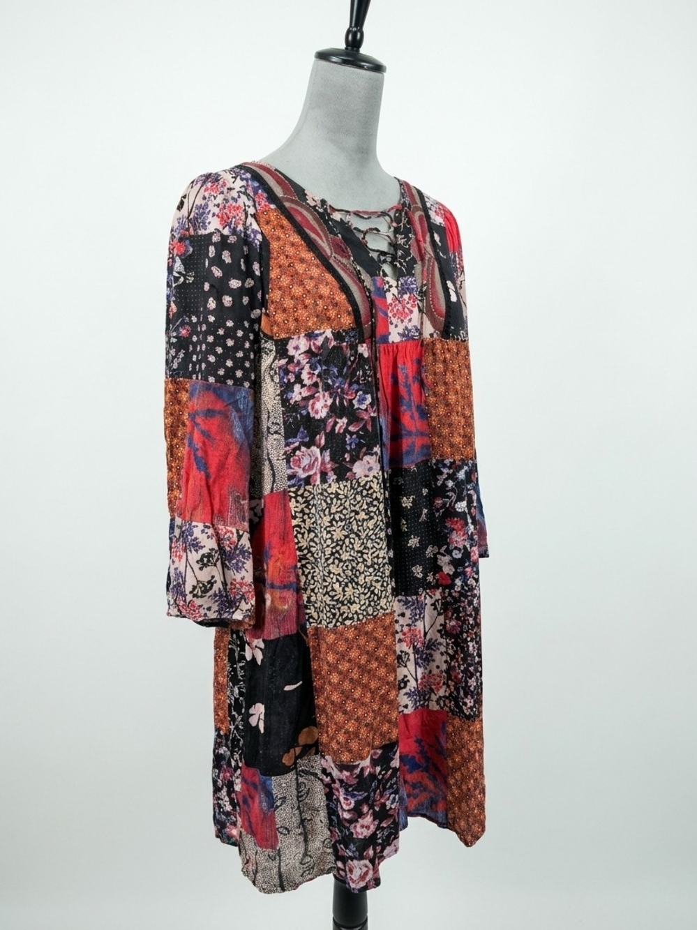 Boho Patchwork Long-Sleeve Dress in Multi-Color